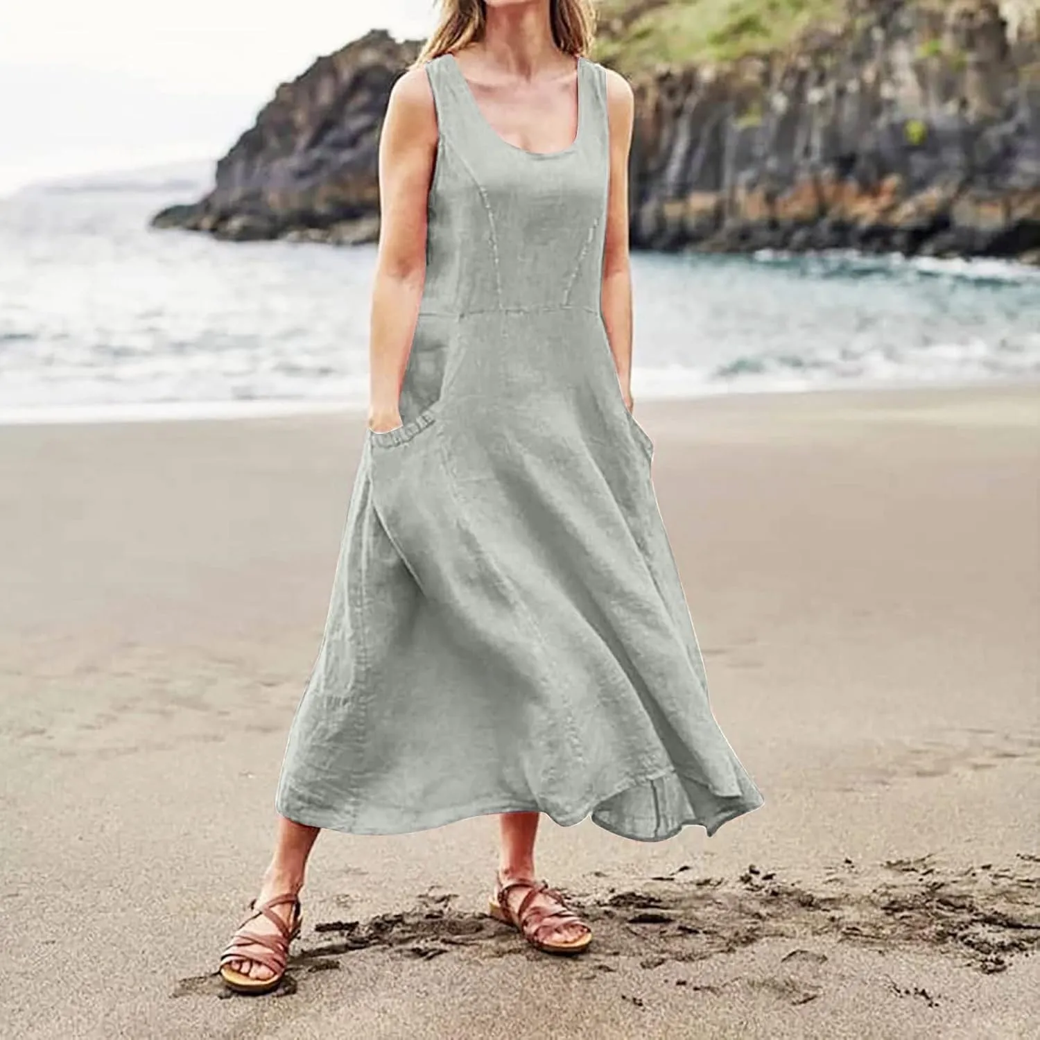 Women Linen Dresses Summer Sleeveless Maxi Dress Cute Hawaiian Dresses Plus Size Dress Long with Pockects
