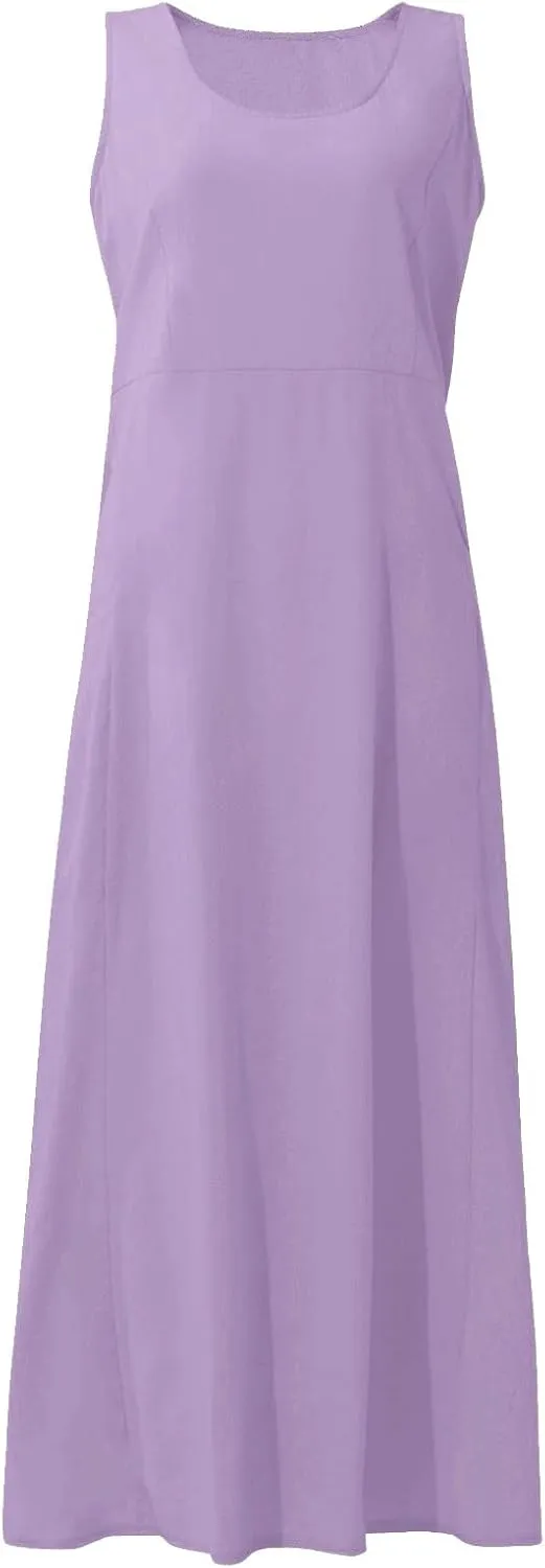 Women Linen Dresses Summer Sleeveless Maxi Dress Cute Hawaiian Dresses Plus Size Dress Long with Pockects