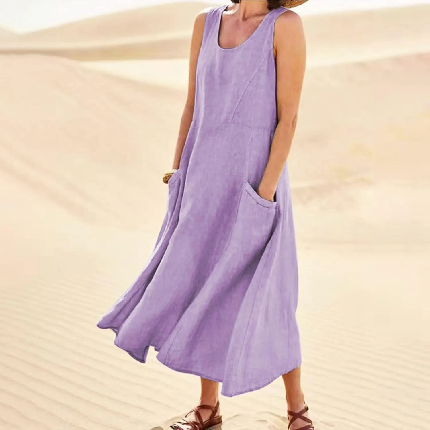 Women Linen Dresses Summer Sleeveless Maxi Dress Cute Hawaiian Dresses Plus Size Dress Long with Pockects