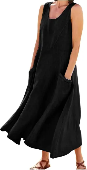 Women Linen Dresses Summer Sleeveless Maxi Dress Cute Hawaiian Dresses Plus Size Dress Long with Pockects