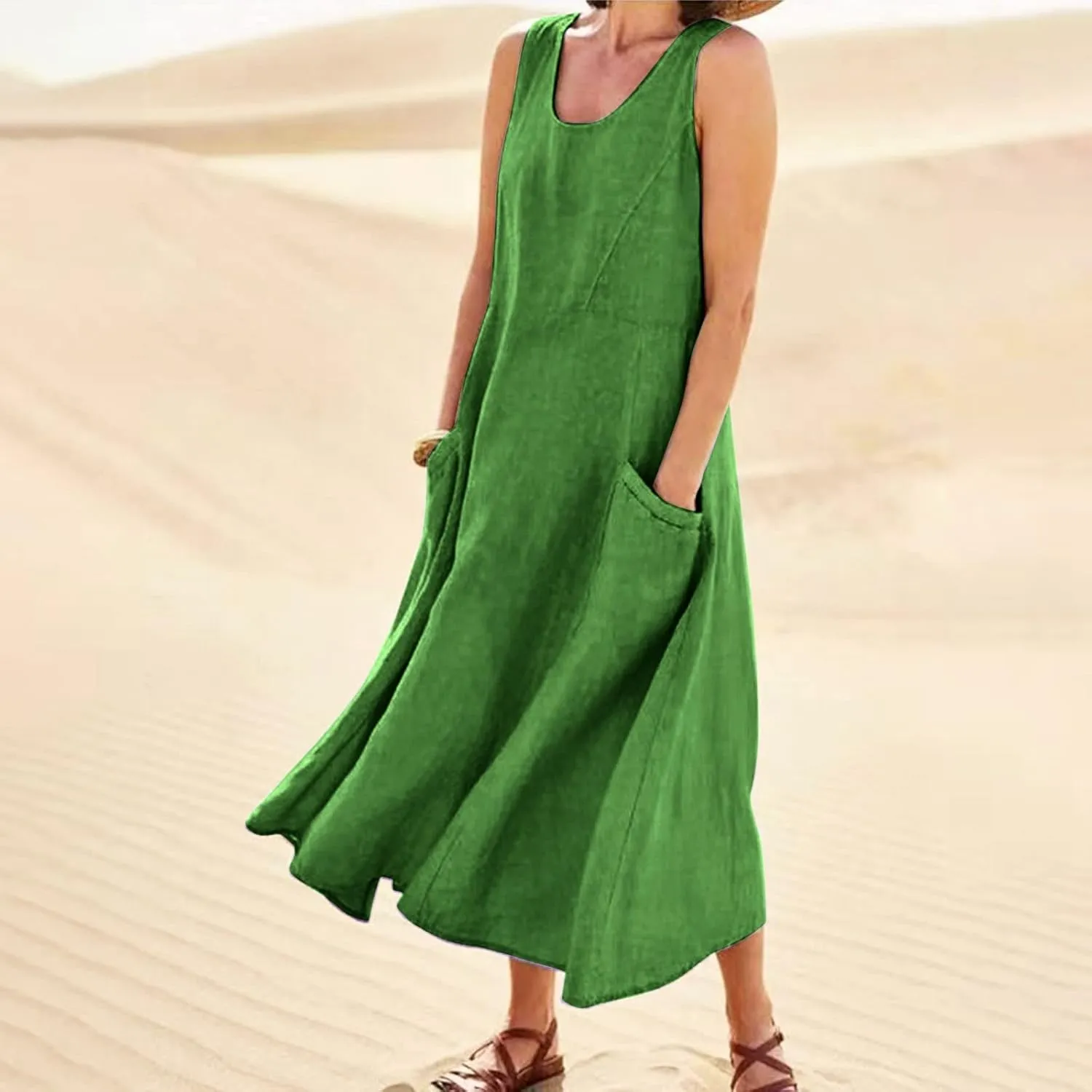 Women Linen Dresses Summer Sleeveless Maxi Dress Cute Hawaiian Dresses Plus Size Dress Long with Pockects