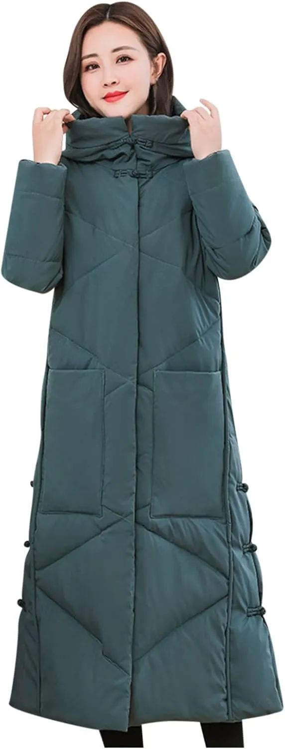 Women Long Quilted Jacket Solid Color Loose Thicken Zipper Hooded Maxi Down Parka Winter Puffer Coat Down Jacke