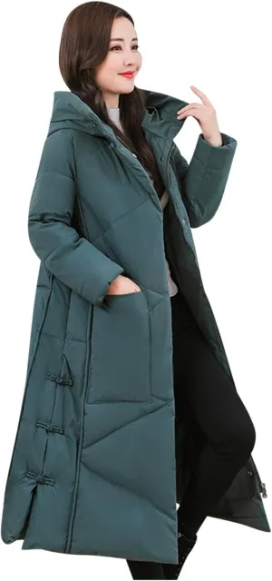 Women Long Quilted Jacket Solid Color Loose Thicken Zipper Hooded Maxi Down Parka Winter Puffer Coat Down Jacke