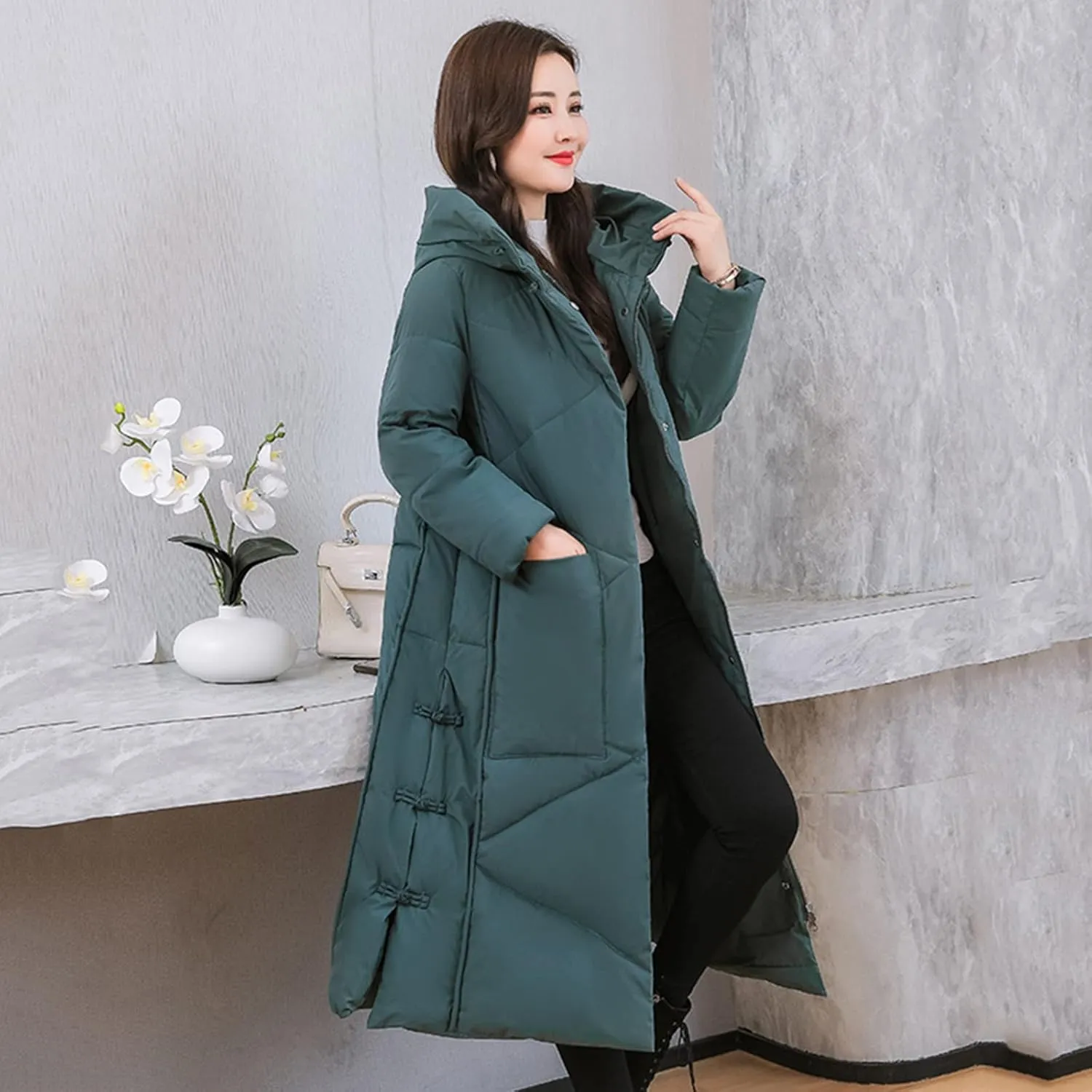 Women Long Quilted Jacket Solid Color Loose Thicken Zipper Hooded Maxi Down Parka Winter Puffer Coat Down Jacke