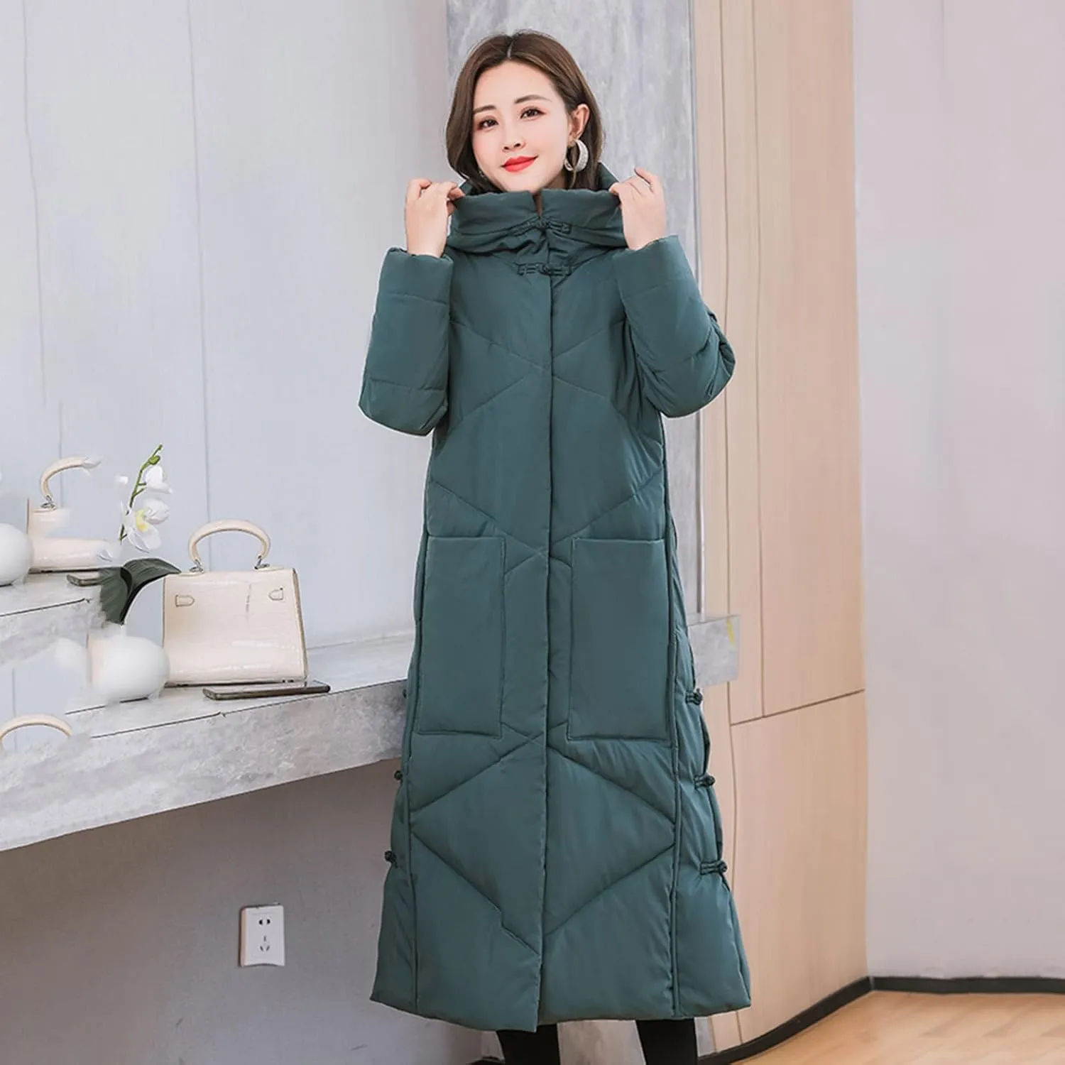 Women Long Quilted Jacket Solid Color Loose Thicken Zipper Hooded Maxi Down Parka Winter Puffer Coat Down Jacke