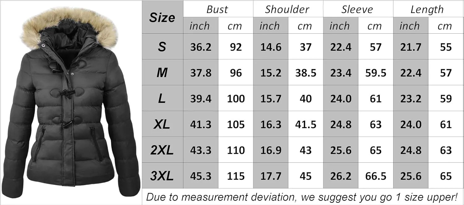 Women Long Sleeve Faux Fur Trim Hooded Button Down Quilted Down Puffer Jacket Toggle Zip Up Padded Parka Coat