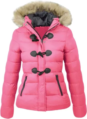 Women Long Sleeve Faux Fur Trim Hooded Button Down Quilted Down Puffer Jacket Toggle Zip Up Padded Parka Coat