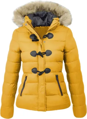 Women Long Sleeve Faux Fur Trim Hooded Button Down Quilted Down Puffer Jacket Toggle Zip Up Padded Parka Coat