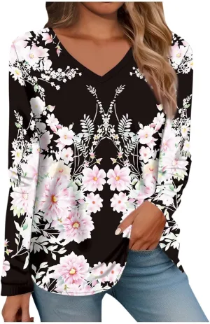 Women Long Sleeve T Shirts Vintage Graphic V Neck Floral Print Pullover Tee Tops Blouse Elegant Loose Fit T-Shirts