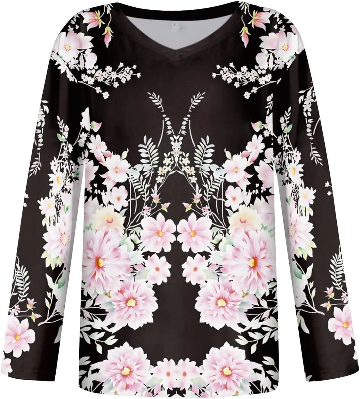 Women Long Sleeve T Shirts Vintage Graphic V Neck Floral Print Pullover Tee Tops Blouse Elegant Loose Fit T-Shirts