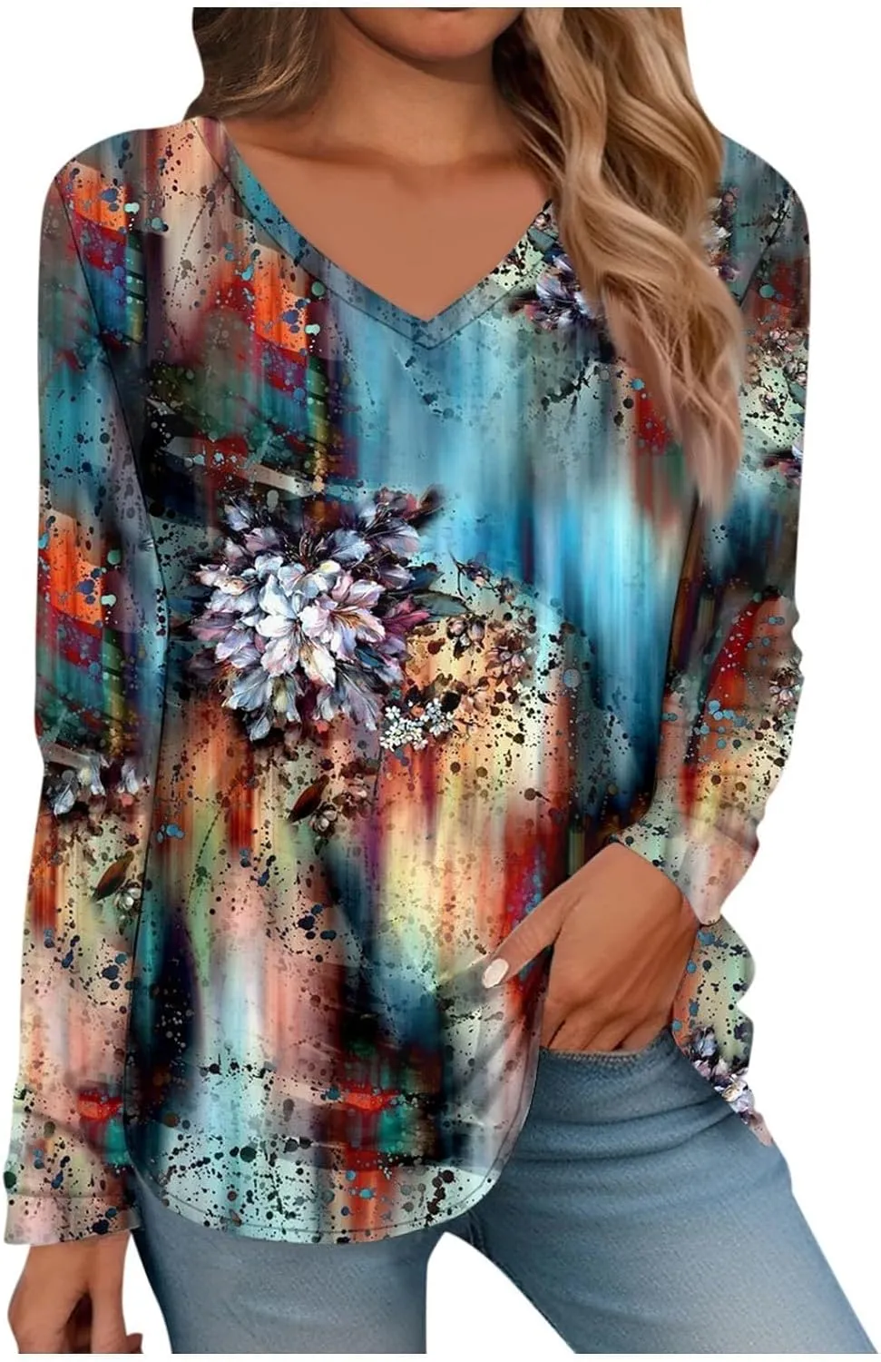 Women Long Sleeve T Shirts Vintage Graphic V Neck Floral Print Pullover Tee Tops Blouse Elegant Loose Fit T-Shirts