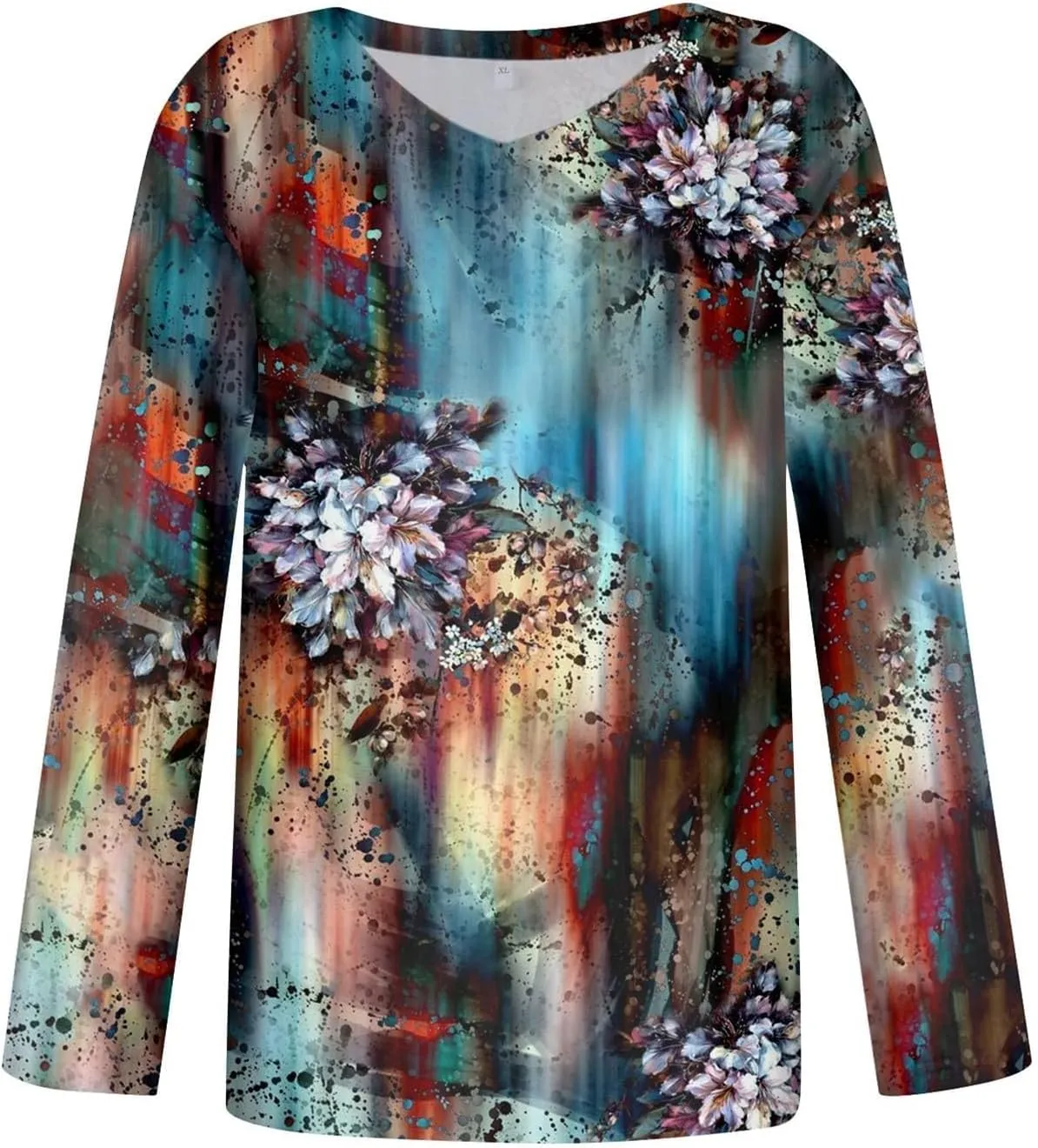 Women Long Sleeve T Shirts Vintage Graphic V Neck Floral Print Pullover Tee Tops Blouse Elegant Loose Fit T-Shirts