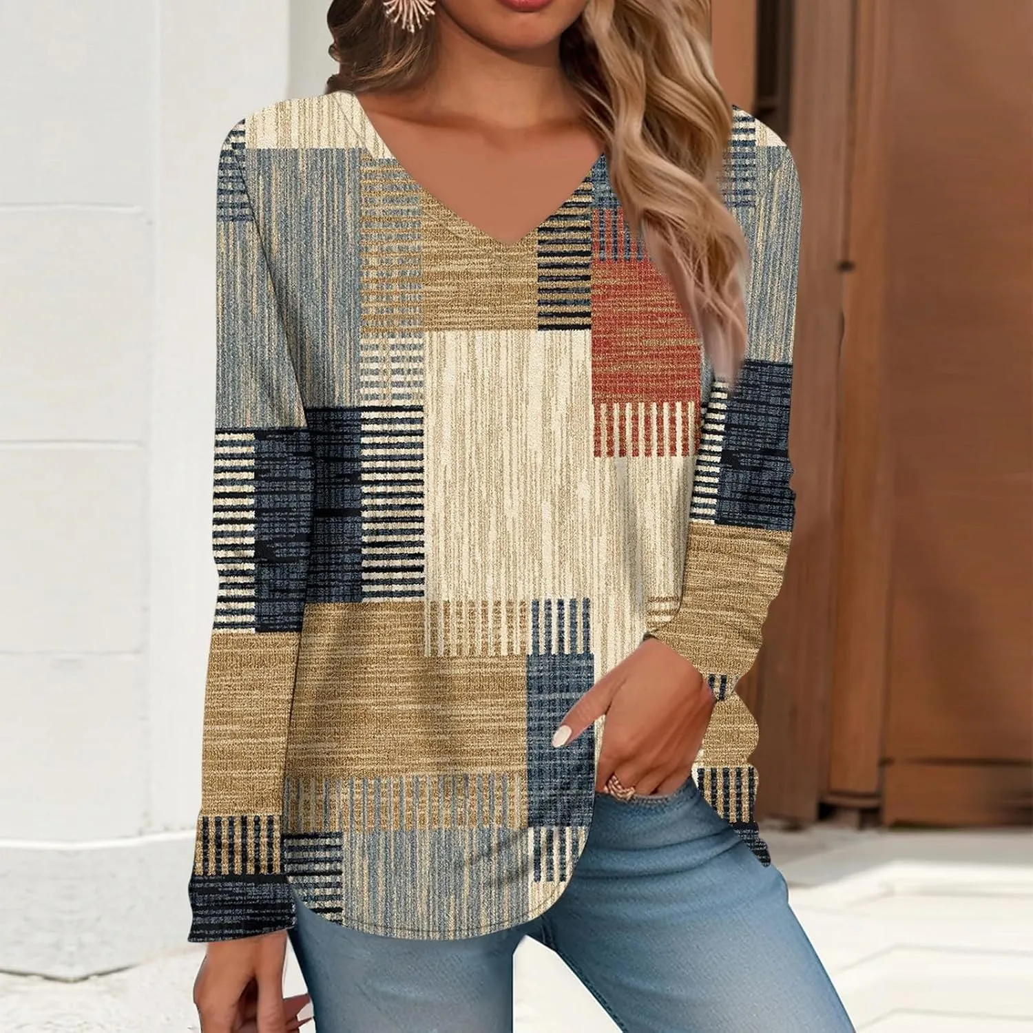 Women Long Sleeve T Shirts Vintage Graphic V Neck Floral Print Pullover Tee Tops Blouse Elegant Loose Fit T-Shirts