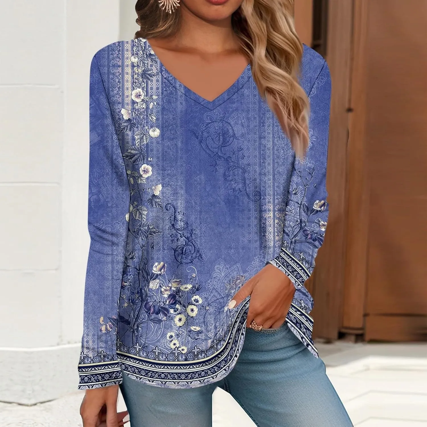 Women Long Sleeve T Shirts Vintage Graphic V Neck Floral Print Pullover Tee Tops Blouse Elegant Loose Fit T-Shirts