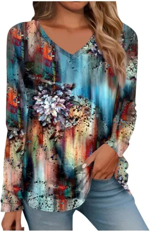 Women Long Sleeve T Shirts Vintage Graphic V Neck Floral Print Pullover Tee Tops Blouse Elegant Loose Fit T-Shirts