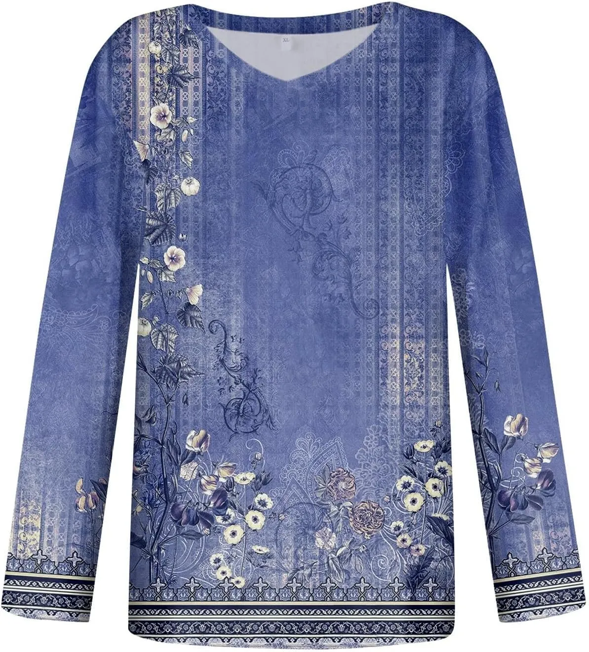 Women Long Sleeve T Shirts Vintage Graphic V Neck Floral Print Pullover Tee Tops Blouse Elegant Loose Fit T-Shirts