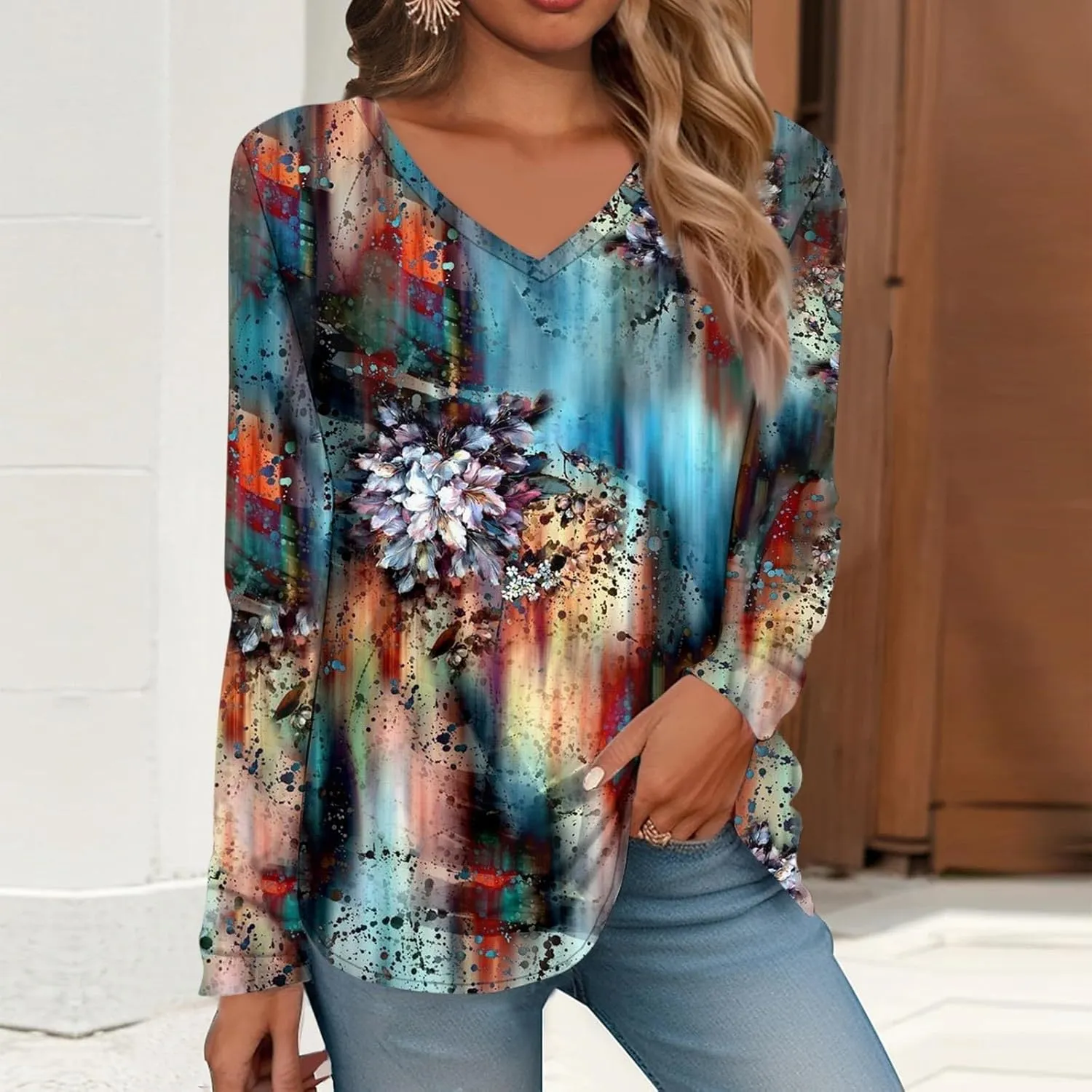 Women Long Sleeve T Shirts Vintage Graphic V Neck Floral Print Pullover Tee Tops Blouse Elegant Loose Fit T-Shirts