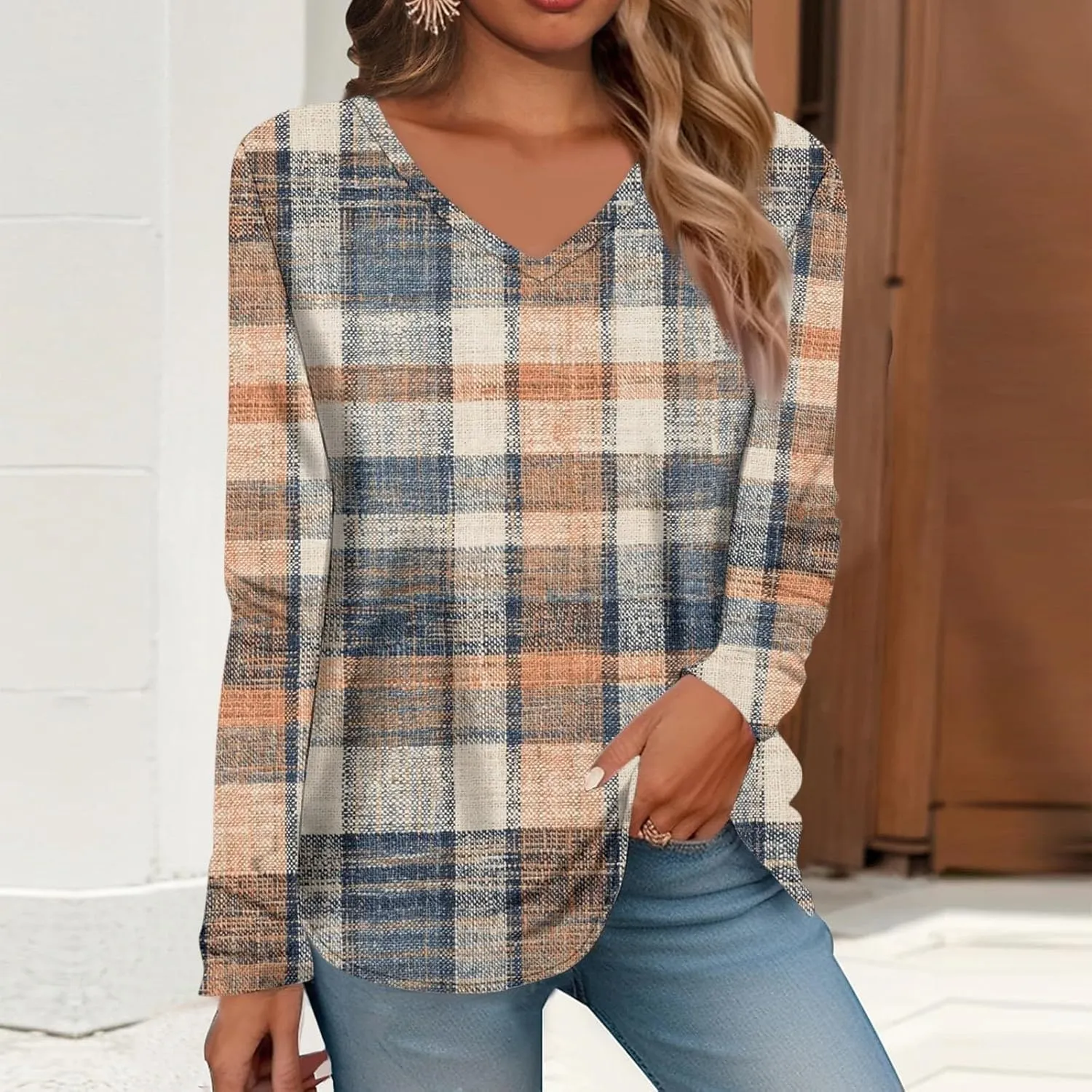 Women Long Sleeve T Shirts Vintage Graphic V Neck Floral Print Pullover Tee Tops Blouse Elegant Loose Fit T-Shirts