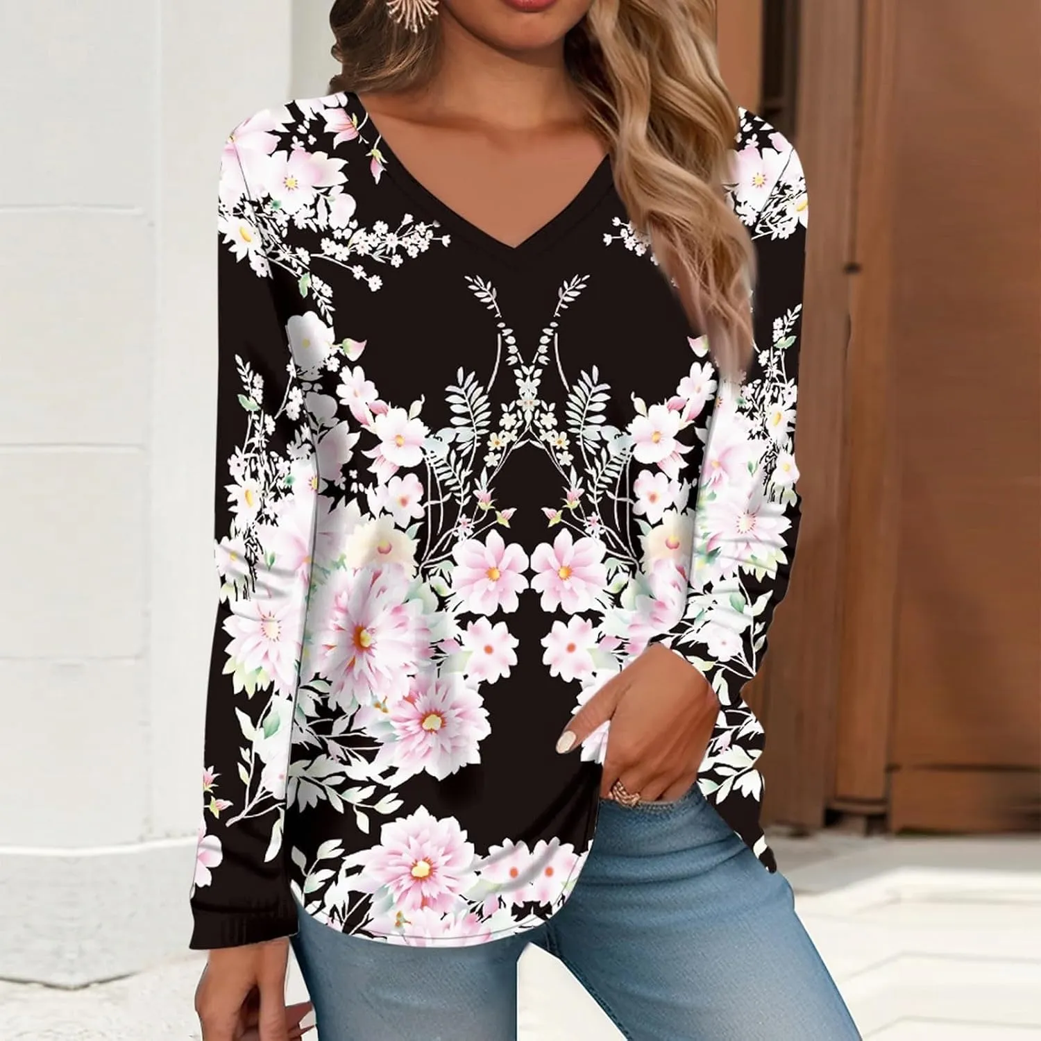 Women Long Sleeve T Shirts Vintage Graphic V Neck Floral Print Pullover Tee Tops Blouse Elegant Loose Fit T-Shirts