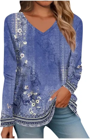 Women Long Sleeve T Shirts Vintage Graphic V Neck Floral Print Pullover Tee Tops Blouse Elegant Loose Fit T-Shirts