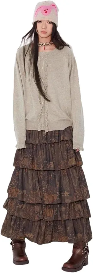 Women Long Soft Flowy Floral Print Tiered Midi High Waist Skirt