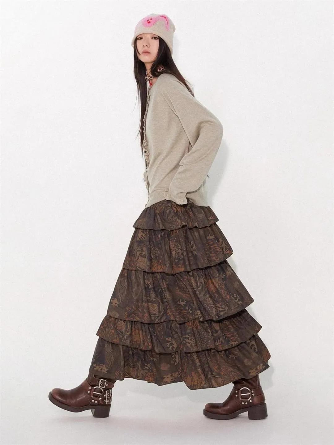 Women Long Soft Flowy Floral Print Tiered Midi High Waist Skirt