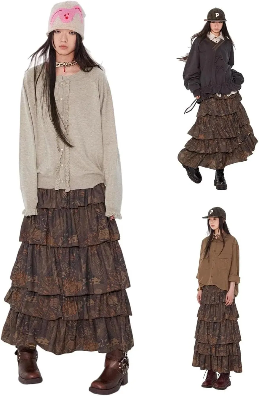 Women Long Soft Flowy Floral Print Tiered Midi High Waist Skirt