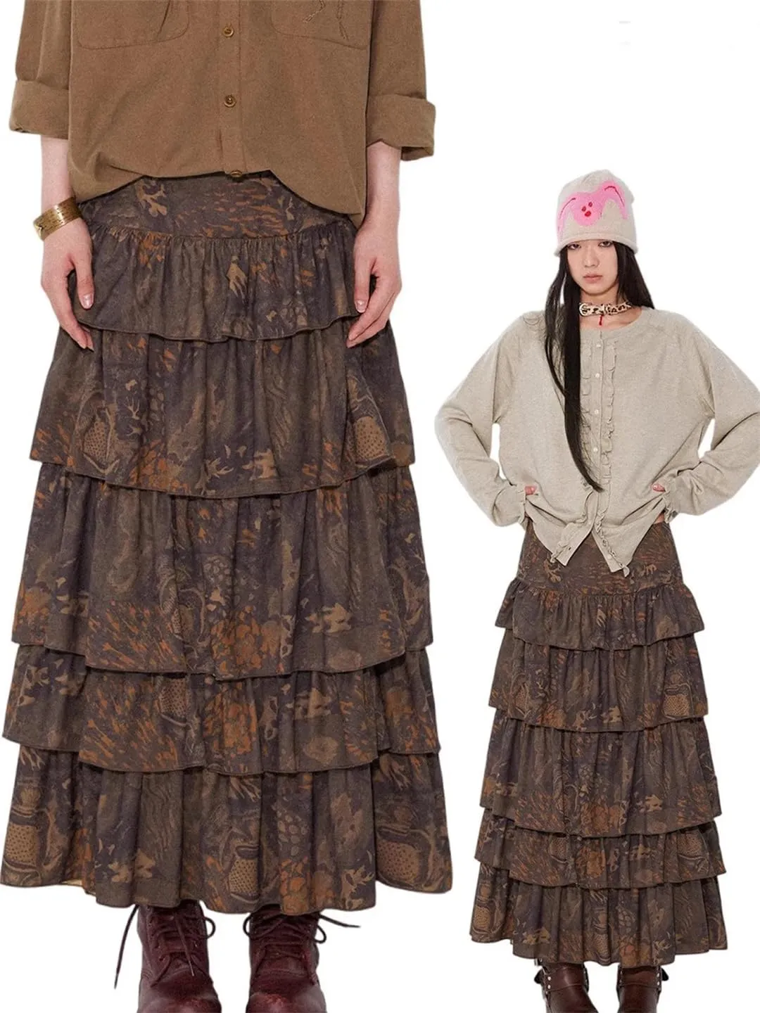 Women Long Soft Flowy Floral Print Tiered Midi High Waist Skirt
