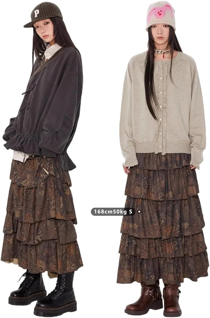 Women Long Soft Flowy Floral Print Tiered Midi High Waist Skirt