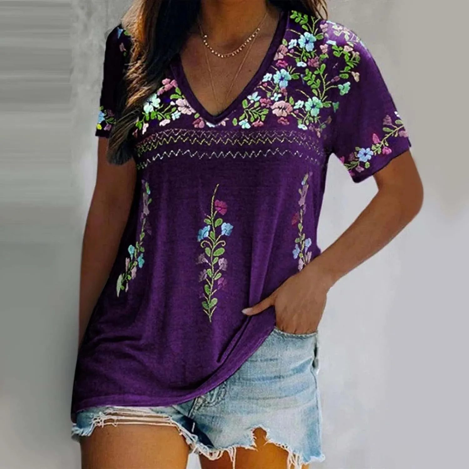Women Mexican Embroidered Tops 2024 Summer Short Sleeve Boho Shirts V Neck Blouses Loose Fitting Bohemian Clothes
