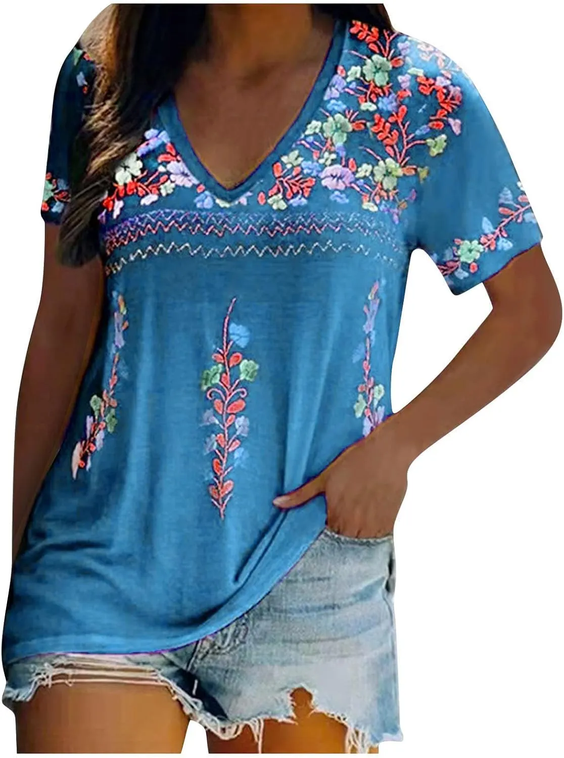 Women Mexican Embroidered Tops 2024 Summer Short Sleeve Boho Shirts V Neck Blouses Loose Fitting Bohemian Clothes
