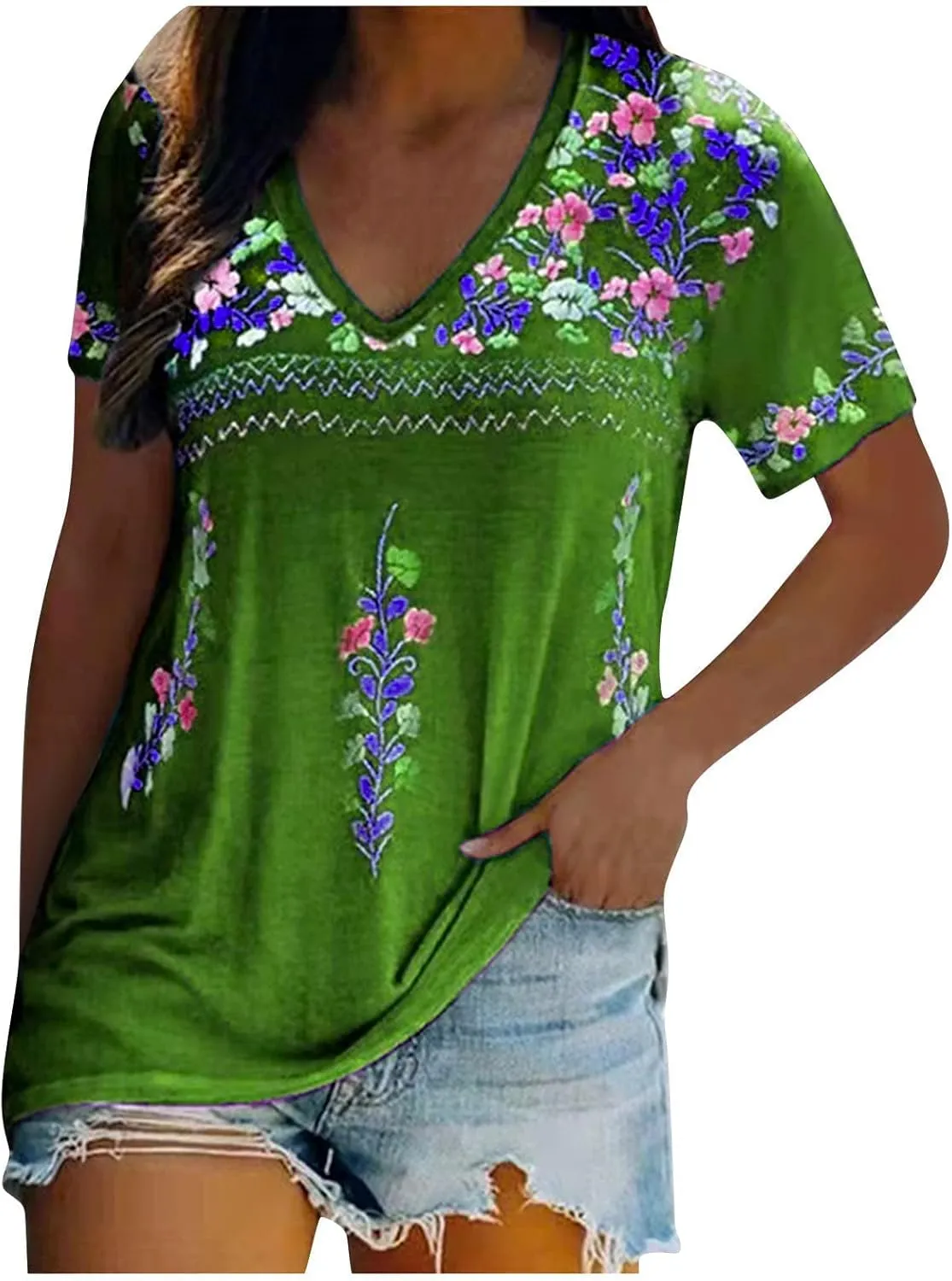 Women Mexican Embroidered Tops 2024 Summer Short Sleeve Boho Shirts V Neck Blouses Loose Fitting Bohemian Clothes
