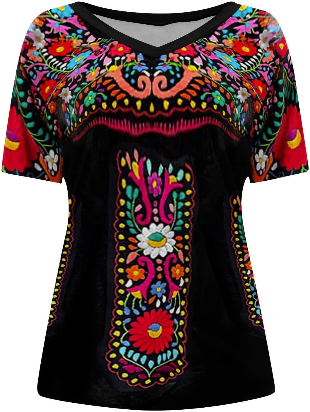 Women Mexican Embroidered Tops 2024 Summer Short Sleeve Boho Shirts V Neck Blouses Loose Fitting Bohemian Clothes