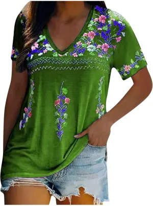 Women Mexican Embroidered Tops 2024 Summer Short Sleeve Boho Shirts V Neck Blouses Loose Fitting Bohemian Clothes