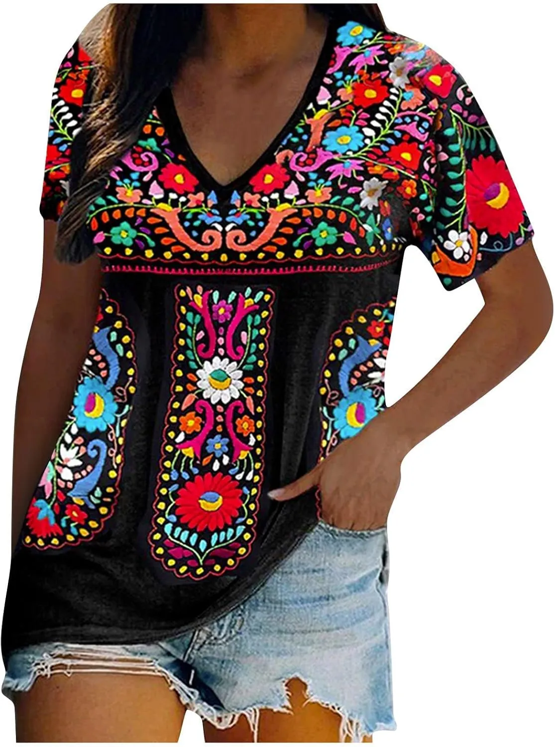 Women Mexican Embroidered Tops 2024 Summer Short Sleeve Boho Shirts V Neck Blouses Loose Fitting Bohemian Clothes
