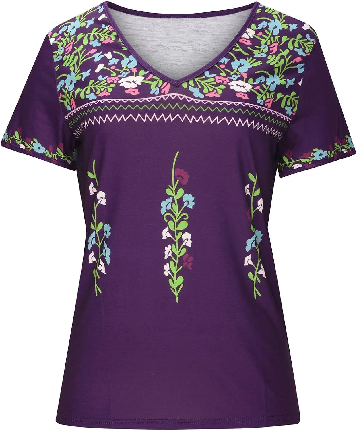 Women Mexican Embroidered Tops 2024 Summer Short Sleeve Boho Shirts V Neck Blouses Loose Fitting Bohemian Clothes