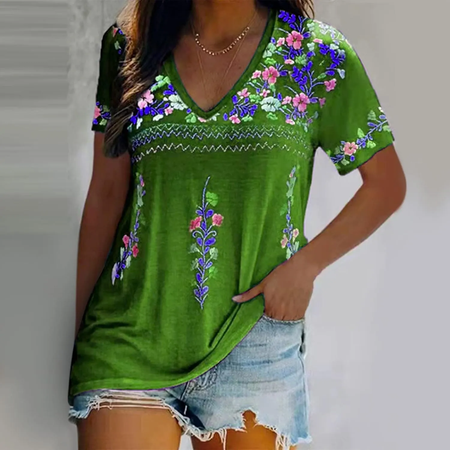 Women Mexican Embroidered Tops 2024 Summer Short Sleeve Boho Shirts V Neck Blouses Loose Fitting Bohemian Clothes