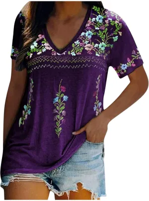 Women Mexican Embroidered Tops 2024 Summer Short Sleeve Boho Shirts V Neck Blouses Loose Fitting Bohemian Clothes