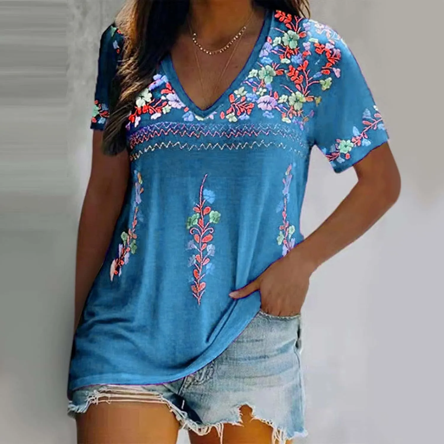 Women Mexican Embroidered Tops 2024 Summer Short Sleeve Boho Shirts V Neck Blouses Loose Fitting Bohemian Clothes