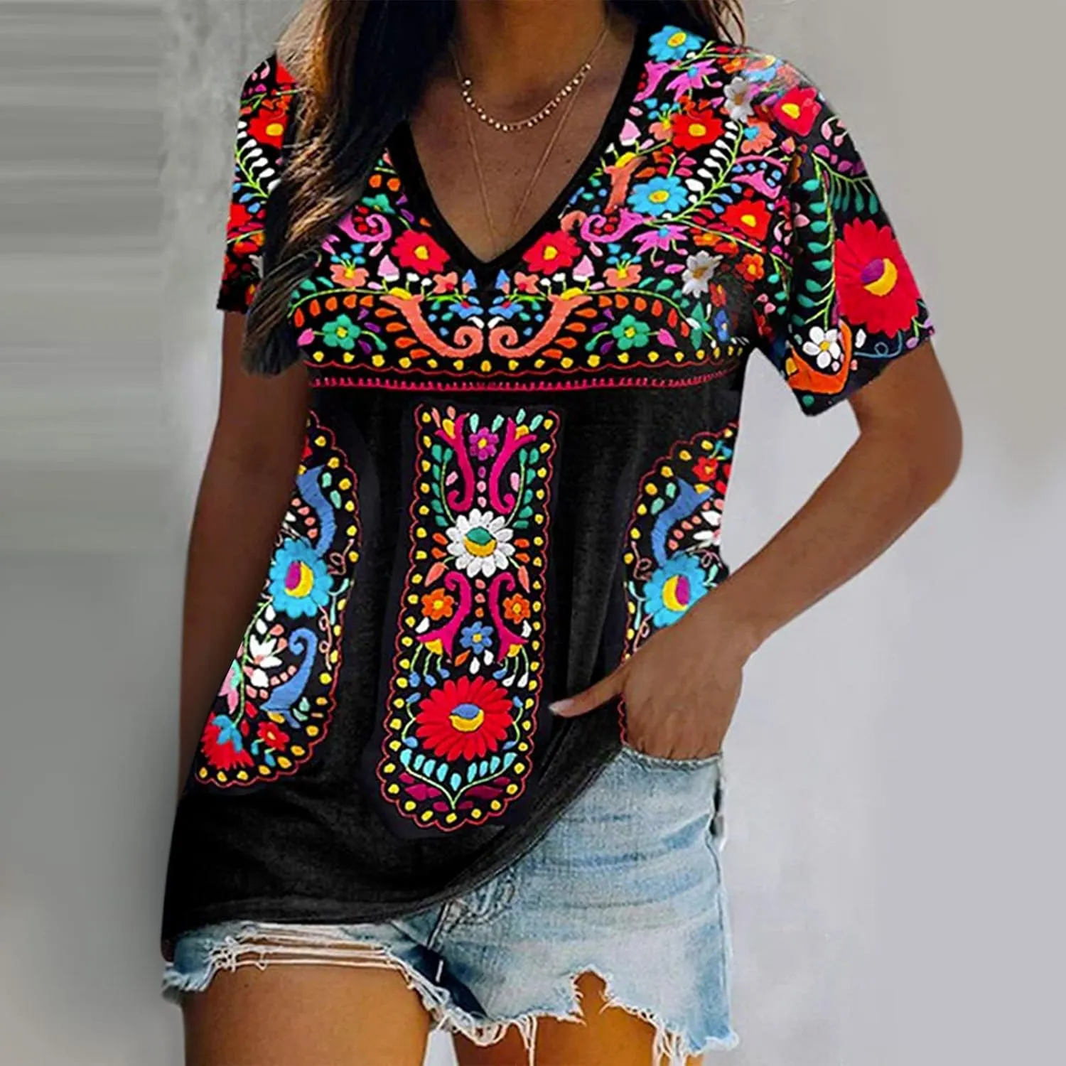 Women Mexican Embroidered Tops 2024 Summer Short Sleeve Boho Shirts V Neck Blouses Loose Fitting Bohemian Clothes