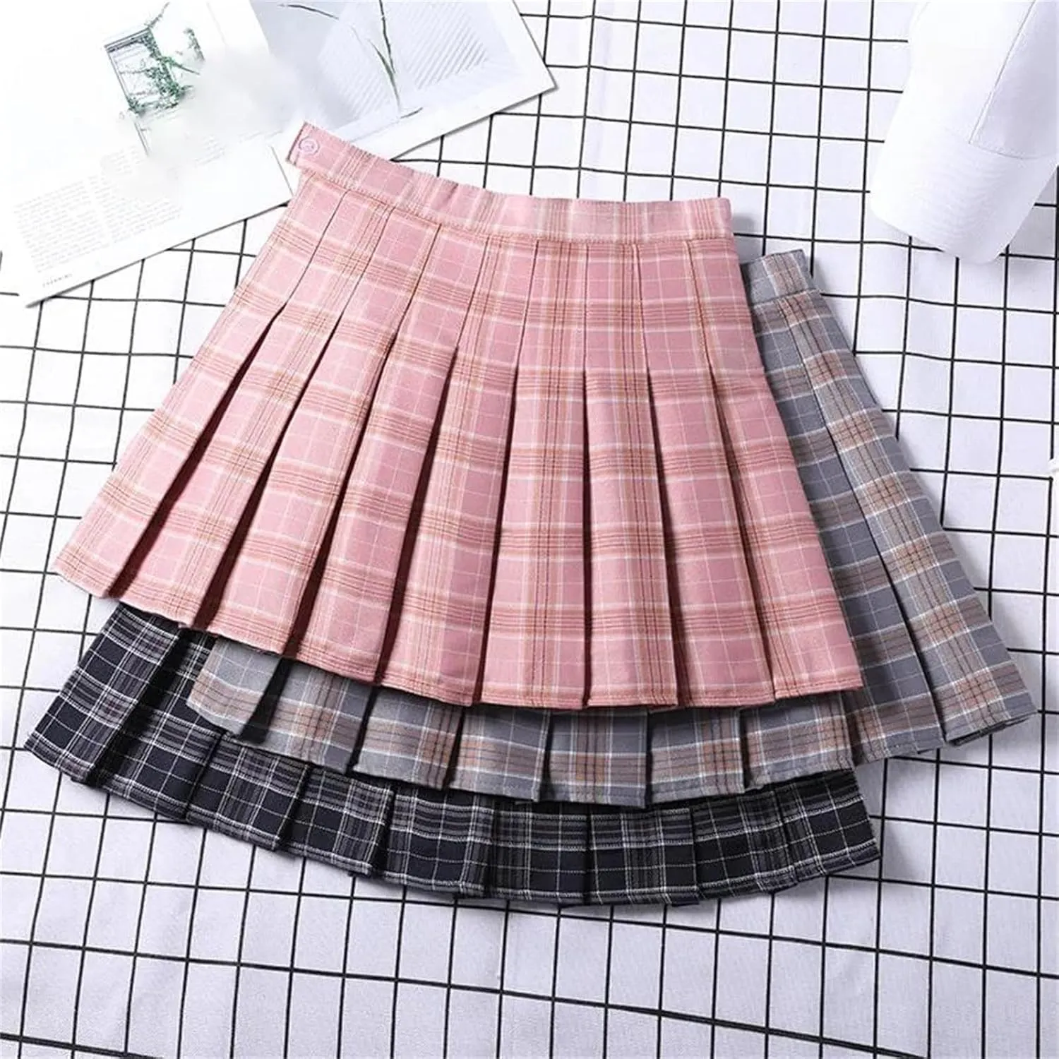 Women Pleated Skirts Checkered Summer Clothing College Style School Uniform High Waist A-Line Mini Plaid Skirt Pants