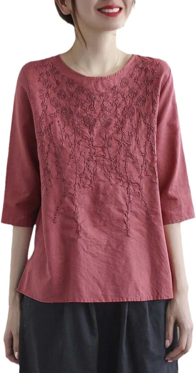 Women Retro Cotton Linen Tshirt Solid Color Half Sleeve Blouse Embroidery Loose Round Neck Top Summer Zen Tea Tee