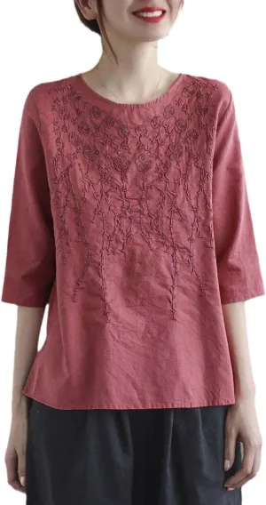 Women Retro Cotton Linen Tshirt Solid Color Half Sleeve Blouse Embroidery Loose Round Neck Top Summer Zen Tea Tee