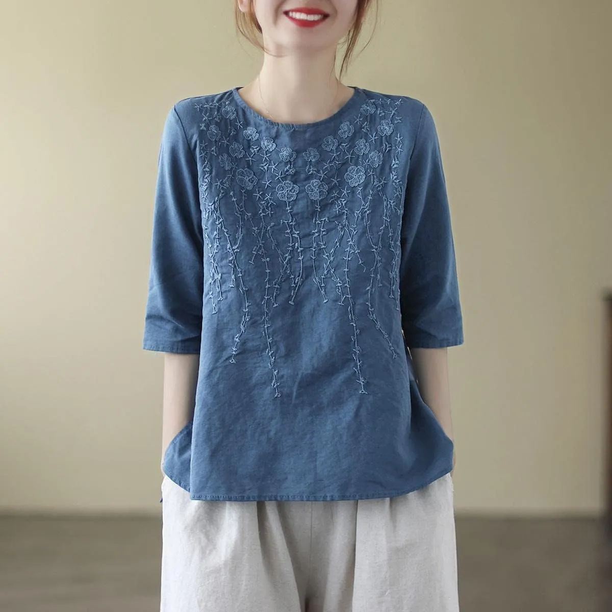 Women Retro Cotton Linen Tshirt Solid Color Half Sleeve Blouse Embroidery Loose Round Neck Top Summer Zen Tea Tee