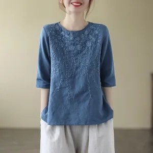 Women Retro Cotton Linen Tshirt Solid Color Half Sleeve Blouse Embroidery Loose Round Neck Top Summer Zen Tea Tee