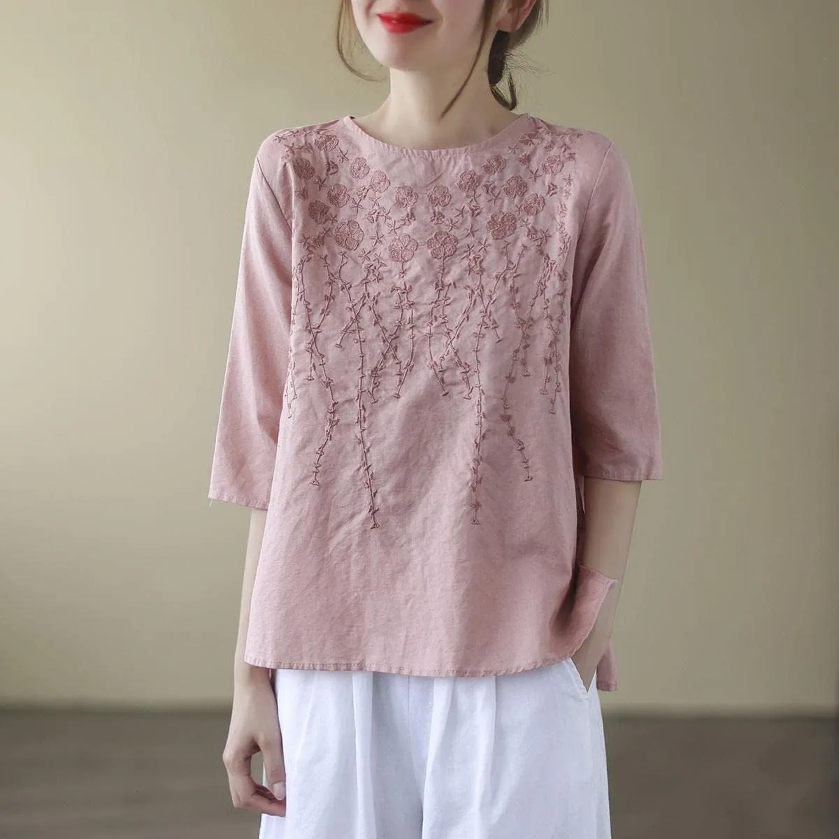 Women Retro Cotton Linen Tshirt Solid Color Half Sleeve Blouse Embroidery Loose Round Neck Top Summer Zen Tea Tee