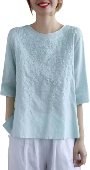 Women Retro Cotton Linen Tshirt Solid Color Half Sleeve Blouse Embroidery Loose Round Neck Top Summer Zen Tea Tee