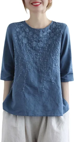 Women Retro Cotton Linen Tshirt Solid Color Half Sleeve Blouse Embroidery Loose Round Neck Top Summer Zen Tea Tee