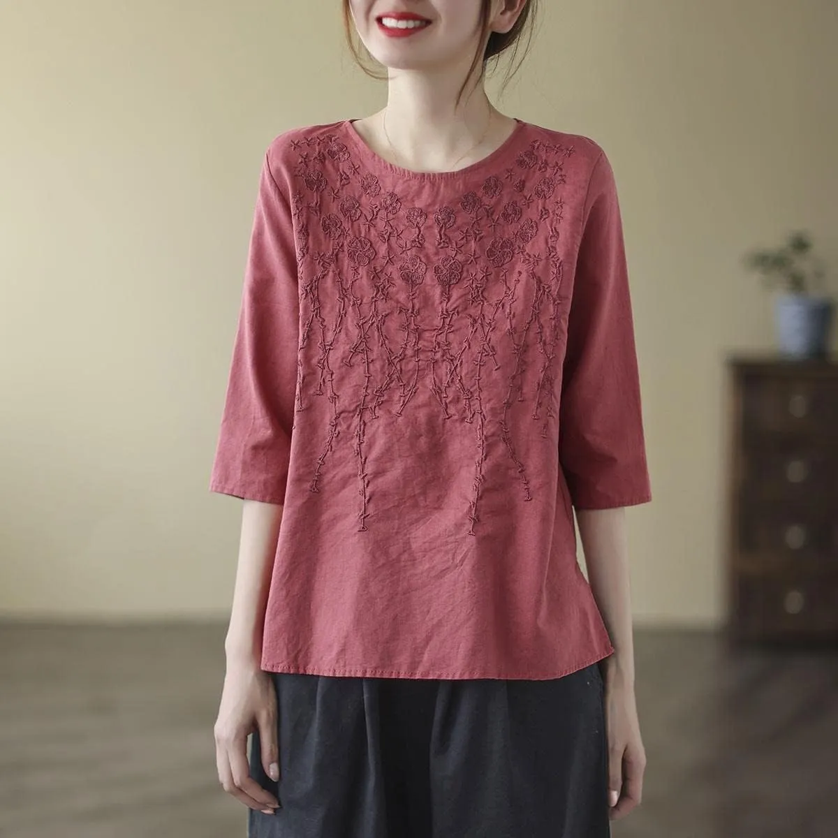 Women Retro Cotton Linen Tshirt Solid Color Half Sleeve Blouse Embroidery Loose Round Neck Top Summer Zen Tea Tee