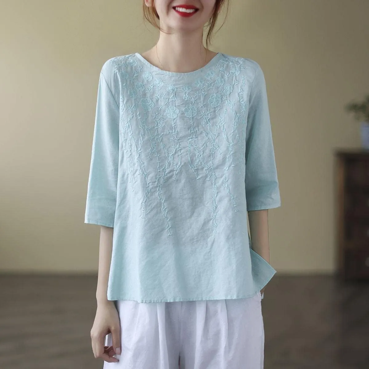 Women Retro Cotton Linen Tshirt Solid Color Half Sleeve Blouse Embroidery Loose Round Neck Top Summer Zen Tea Tee